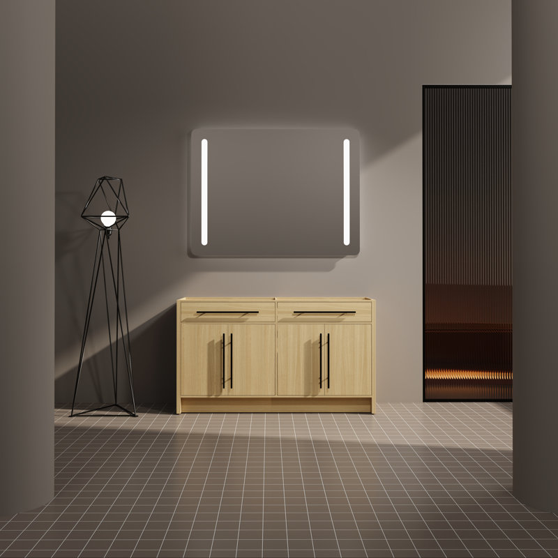 Armoire de meuble-lavabo à double cuve 58 11/16 po - Finition chêne clair avec tablettes réglables, portes à fermeture douce et poignées en métal (poignée noire)