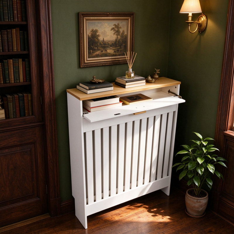 Radiator Cover with Built-In Drawer and Lift Top Shelf, White Frame with Wood-Effect Top, 112cm Wide x 19cm Deep x 95.5cm High