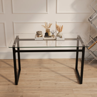 Minimalist Rectangular Glass Dining Table For 4-6 With 0.31" Tempered Glass Tabletop And Chrome Metal Legs, Writing Table Desk