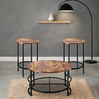 Ensemble de tables basses rondes avec 2 tables de bout, panneau de particules d'aspect bois et métal noir, 3 pièces pour le salon