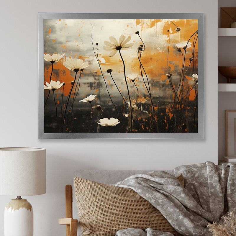 Champ captivant de fleurs II sur toile, Cadre simple argenté, H 16 po x l 32 po x P 1 po
