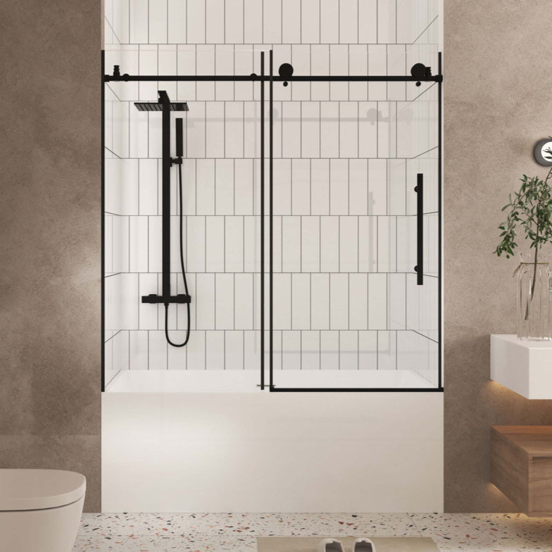 Frameless Shower Door, 1/4 "(6 Mm) Clear Tempered Glass, Explosion Proof Film, Stainless Steel Handle, Matte Black