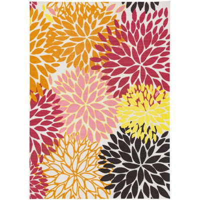SUNSHINE Flower Outdoor Rugs Beautiful Bloom Pink/Yellow/Black Multi