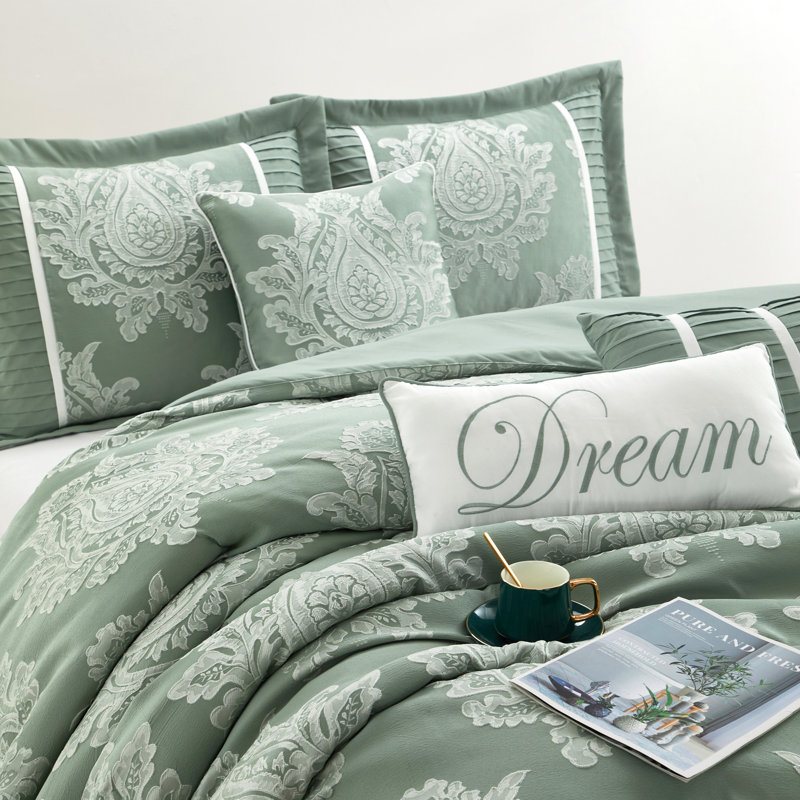 Therese 7 Piece Traditional Damask Comforter Set, King Comforter + 6 Additional Pieces, Sage