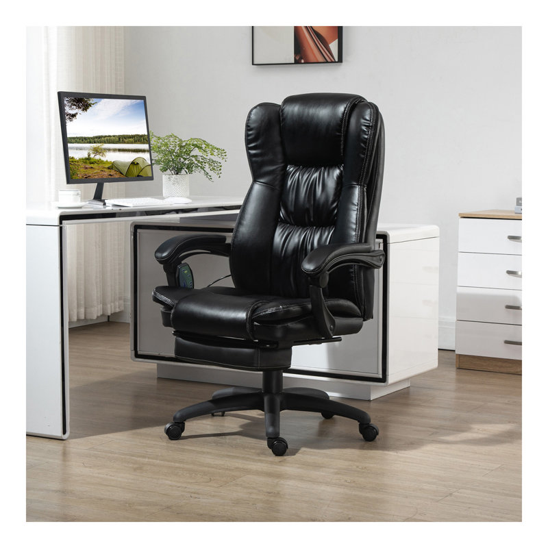 Fauteuil de bureau à haut dossier avec vibration à 6 points, 5 modes, fauteuil de direction, fauteuil pivotant en cuir PU avec dossier inclinable et repose-pieds rétractable, noir