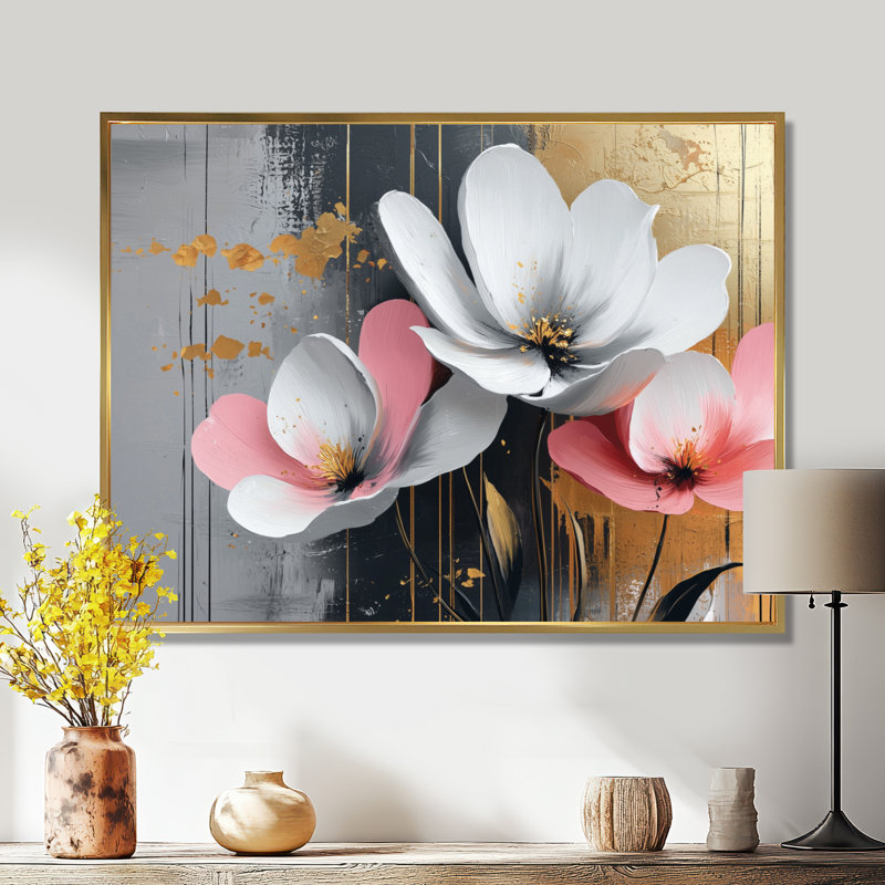 Fleurs dorées roses et dorées, H 34 po x l 44 po, Cadre flottant, Doré