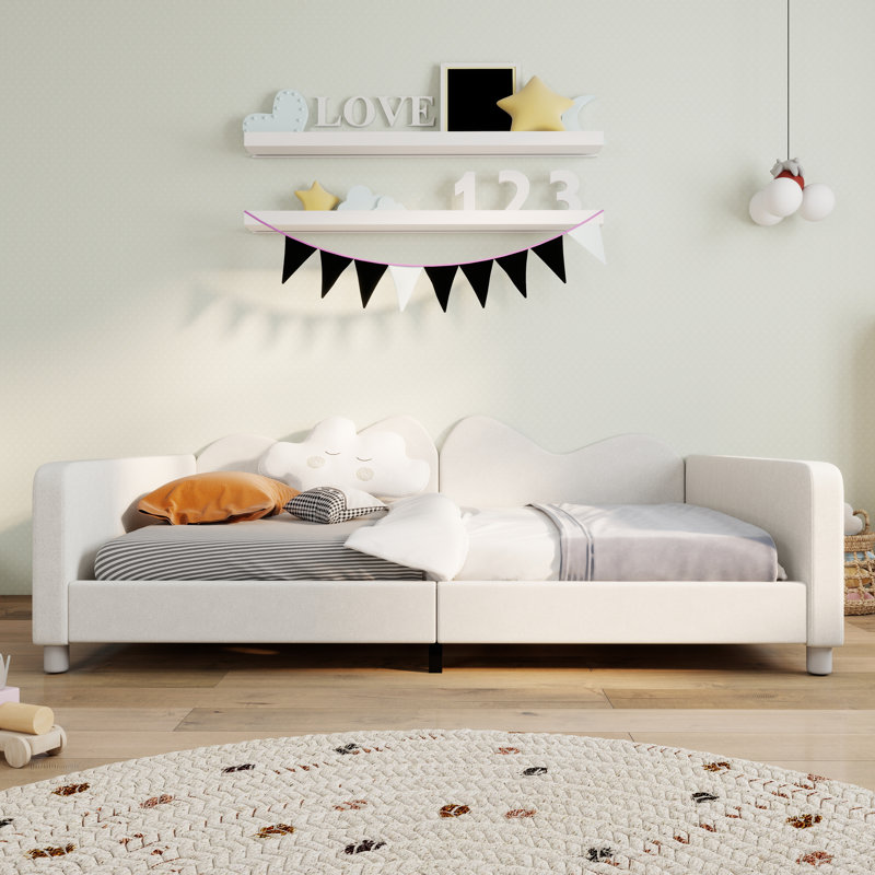Comfortable Children Sherpa Fabric Upholstered Daybed With Cloud-Shaped Backrest, Full, White
