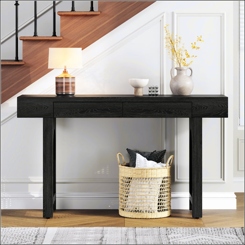Narrow Console Table With Rattan Accent, Antique Black