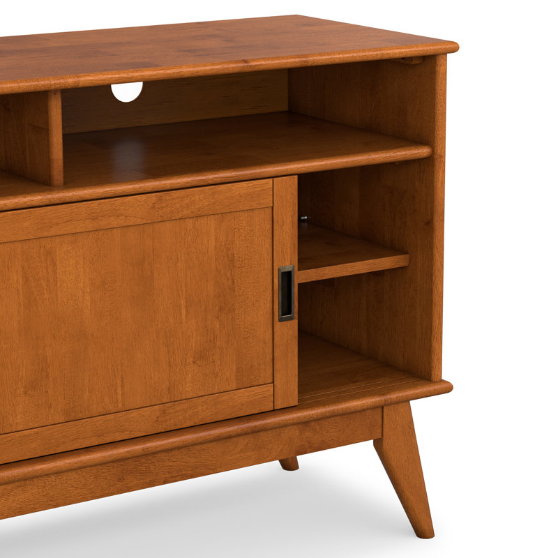 Draper 54"W Solid Wood Mid-Century Modern Tall TV Stand for TVs up to 60" with 2 Sliding Doors and Open Shelves, Teak Brown