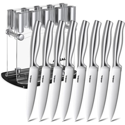 Ensemble de 8 couteaux à steak Aiheal avec support en acrylique transparent, ensemble de couteaux à steak en acier inoxydable, facile à ranger