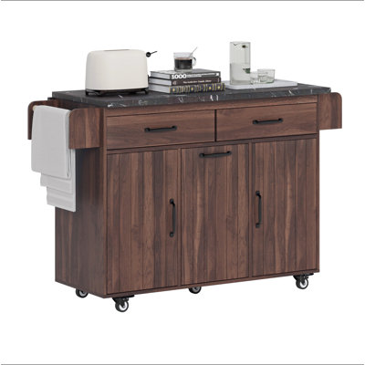 Îlot de cuisine avec armoire de rangement pour poubelle, chariot de cuisine avec abattant, support à épices, porte-serviettes et tiroir, îlot de cuisine sur roulettes avec tablette réglable
