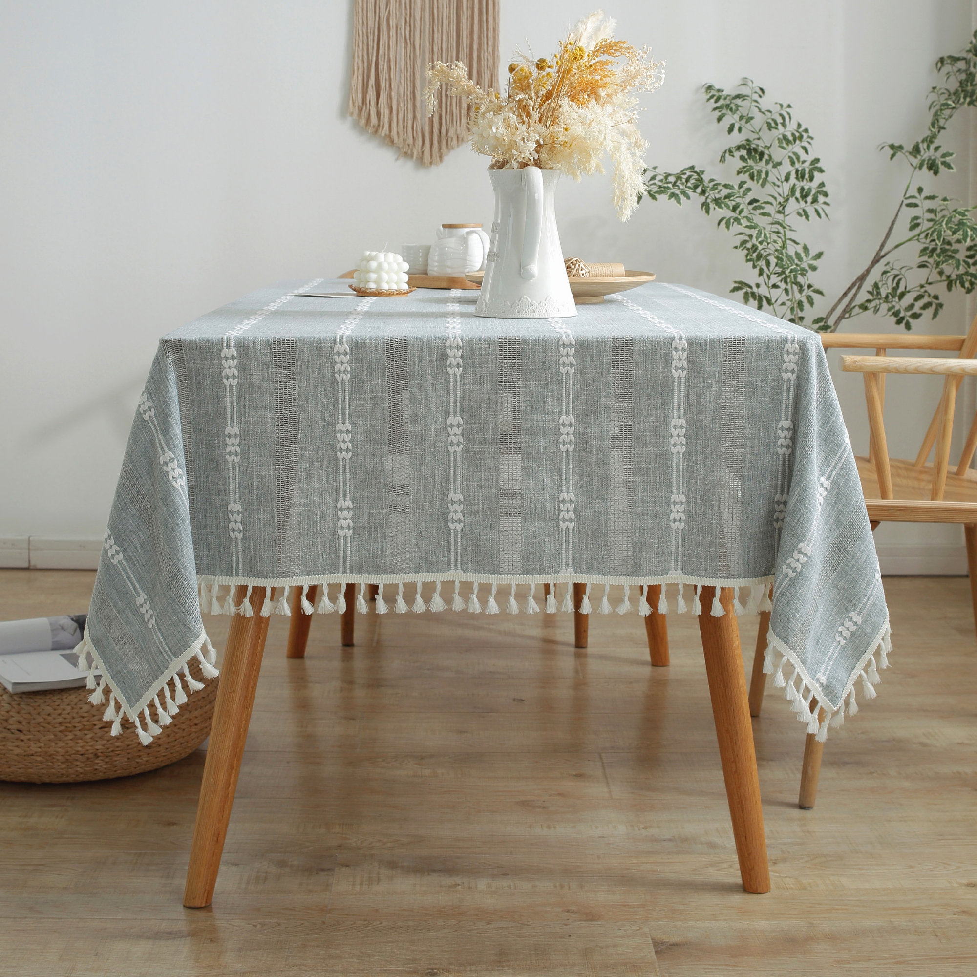 Blue Winston Porter Washable Cotton Linen Wrinkle Free Tablecloth With Tassel & Reviews | Wayfair