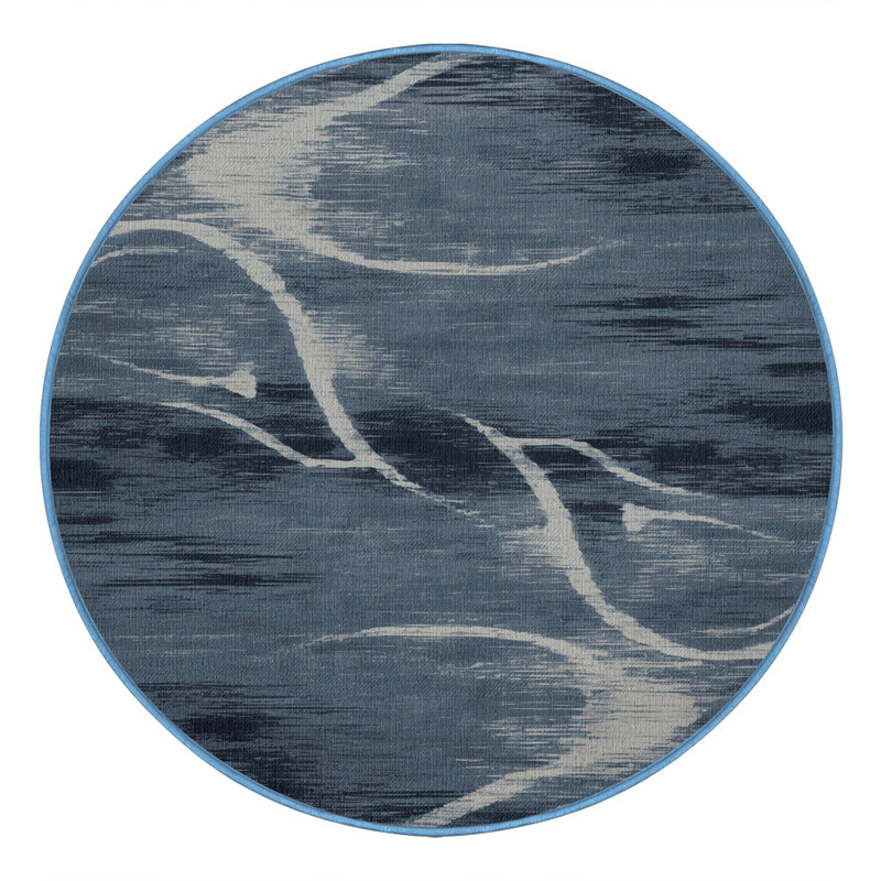 Tapis bleu abstrait lavable à la machine, Rond 7 pi
