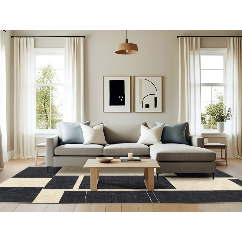 Tapis abstrait noir / beige, Rectangle 6 pi x 9 pi