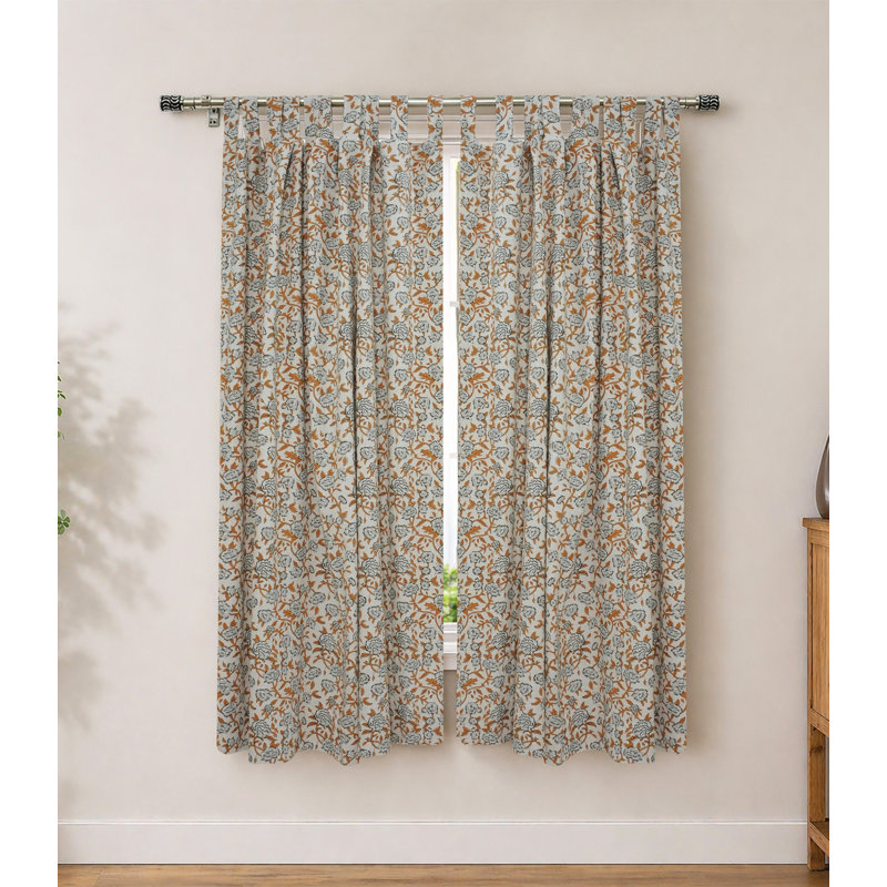 Artisan Block Print Handcrafted Curtain – Mrignayani Floral in Yellow & Green Linen Natural Semi Sheer, 100" W X 120" L