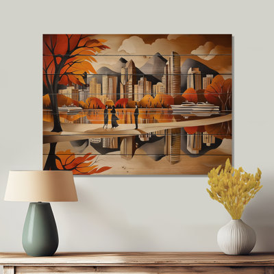 Canada cubique Vancouver City in Autumn II - Art mural traditionnel sur bois de pin naturel