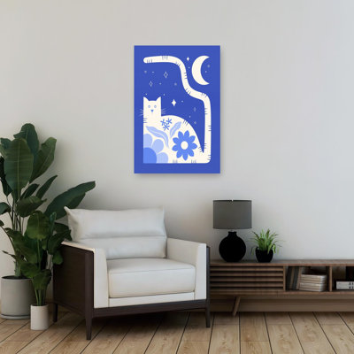 Whimsical Moon Cat Abstract Dreamy Modern Cat Flower Landscape Wall Art Print 1 Piece Wrapped Canvas Wall Art