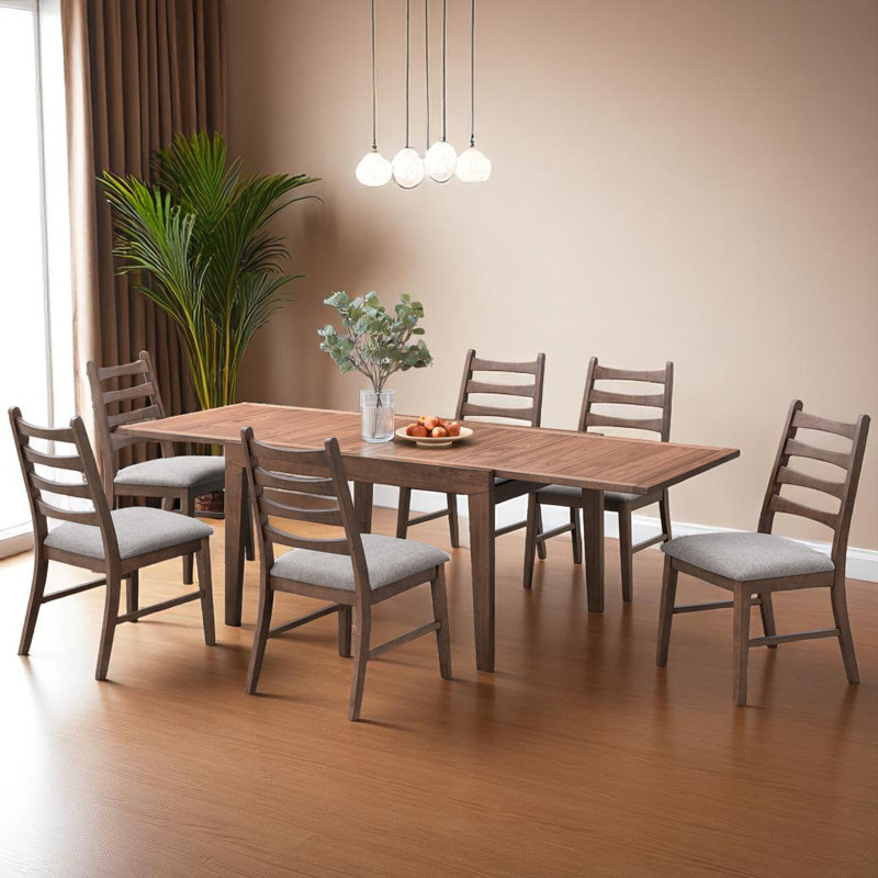 Ensemble de table de salle à manger extensible rustique 5 pièces avec chaises à dossier échelle, finition noyer, sièges rembourrés - Ensemble de salle à manger et de cuisine peu encombrant, convenant à 4 à 6 personnes