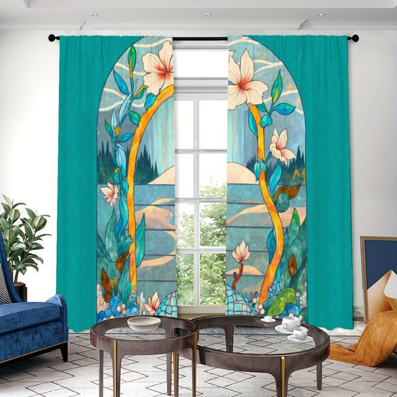 2 pièces de rideaux filtrant la lumière de la cascade artistique de la fenêtre de l'arche artistique, conception de paysage botanique vif, poche à suspendre facile, traitements toutes saisons pour le dortoir de la chambre à coucher du salon