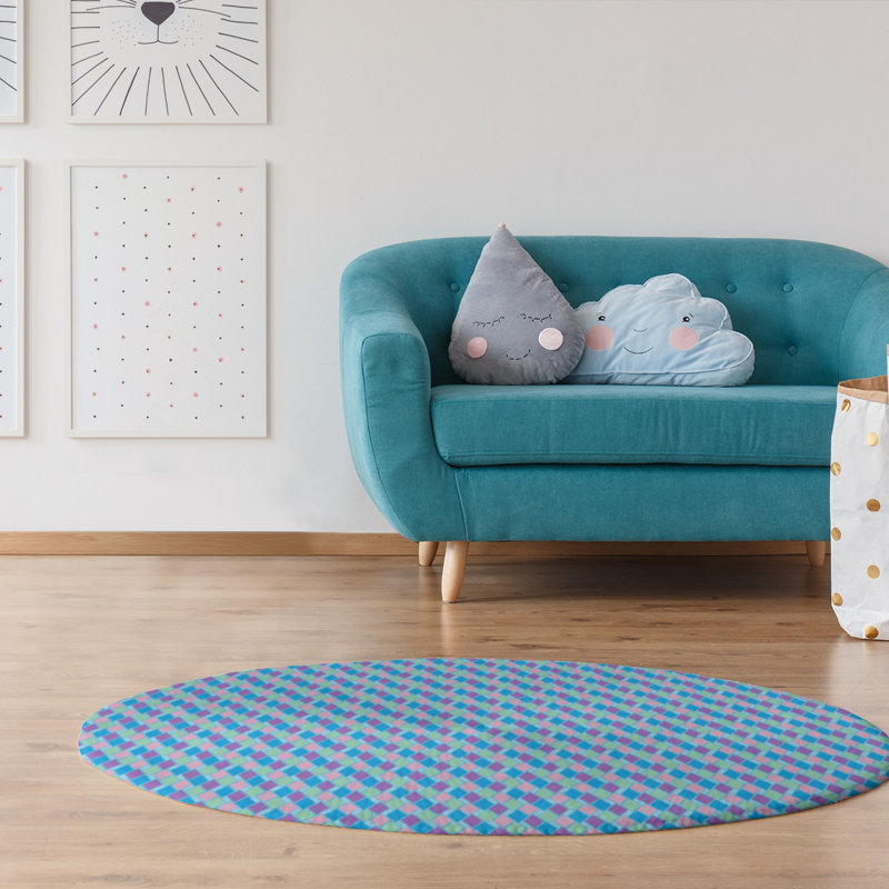 Tapis bleu/mauve rétro diamants, Rond 5 pi