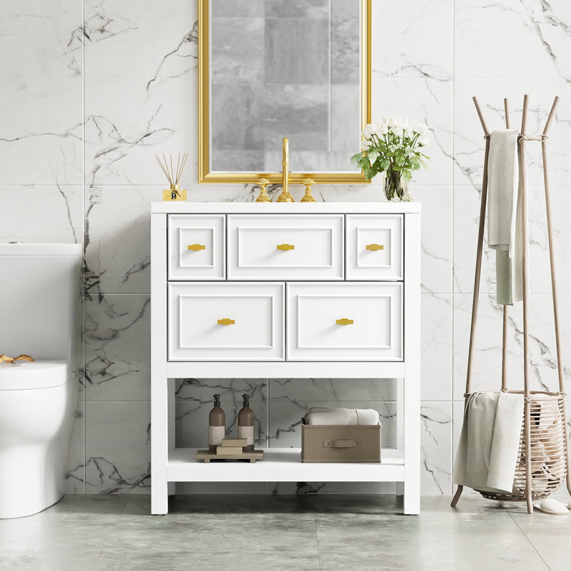 Meuble-lavabo avec lavabo et 5 tiroirs, Blanc