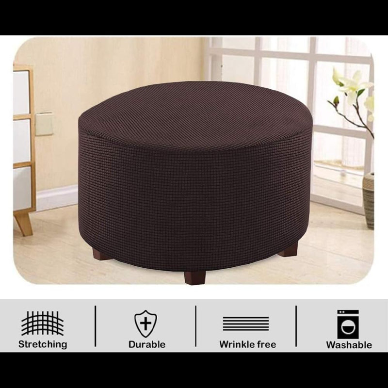Round Ottoman Slipcover Polyester Blend Footstool Protector Covers Stretch With Elastic Bottom Feature Textured Machine Washable Jacquard Fabric