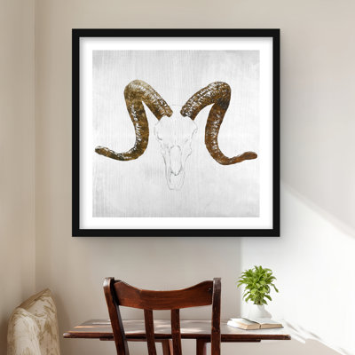 Aeries Skull with Brown Horns - Framed Matted Print Decor