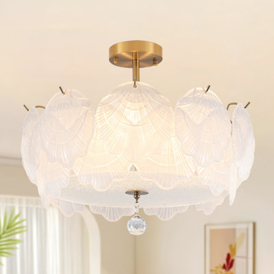 19.68 In. 3-Light Boho Coastal Sea Shell Chandelier 2-Tier White Glass Drum Semi Flush Mount Ceiling Light