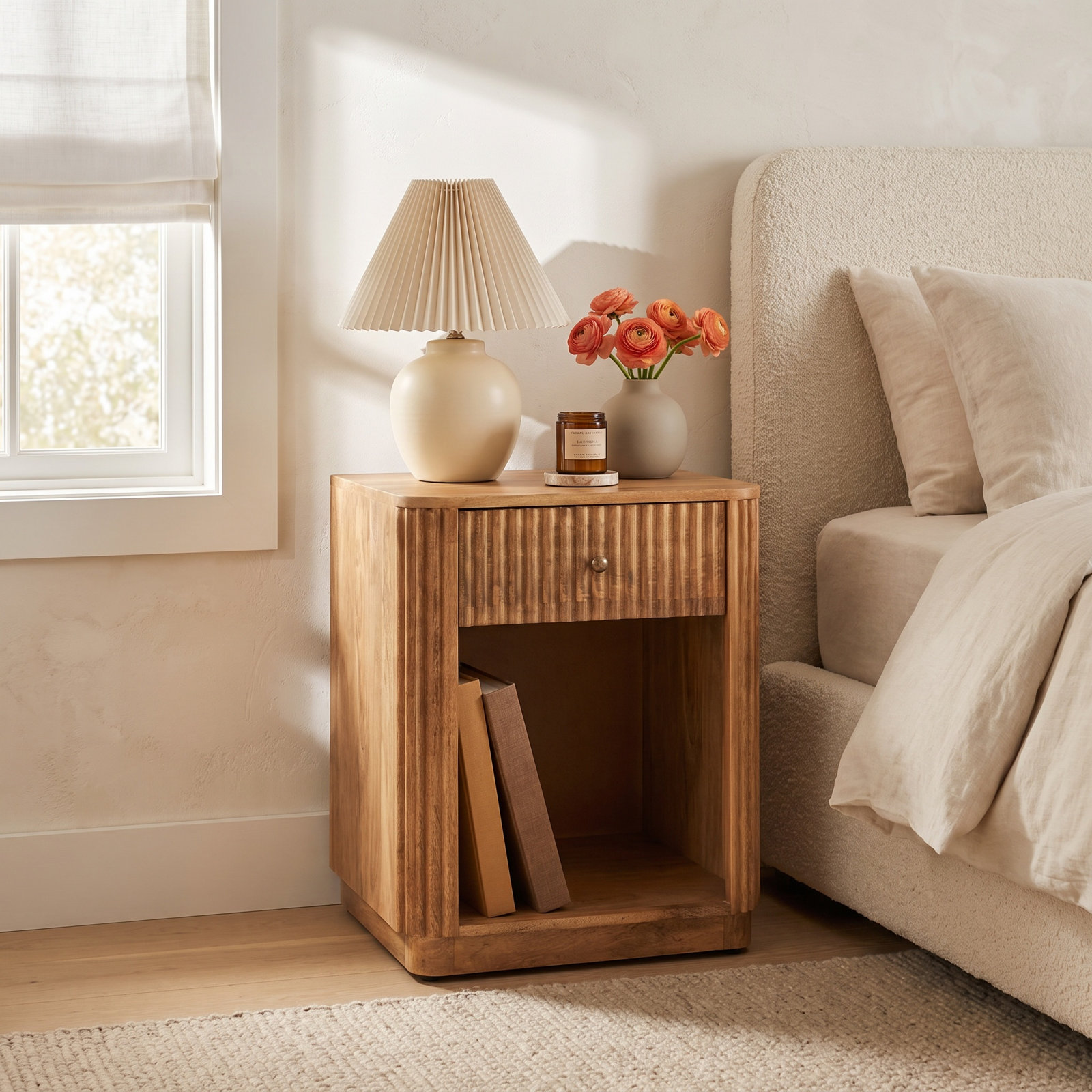 1-Drawer Open Mango Nightstand, Mid Tone Honey