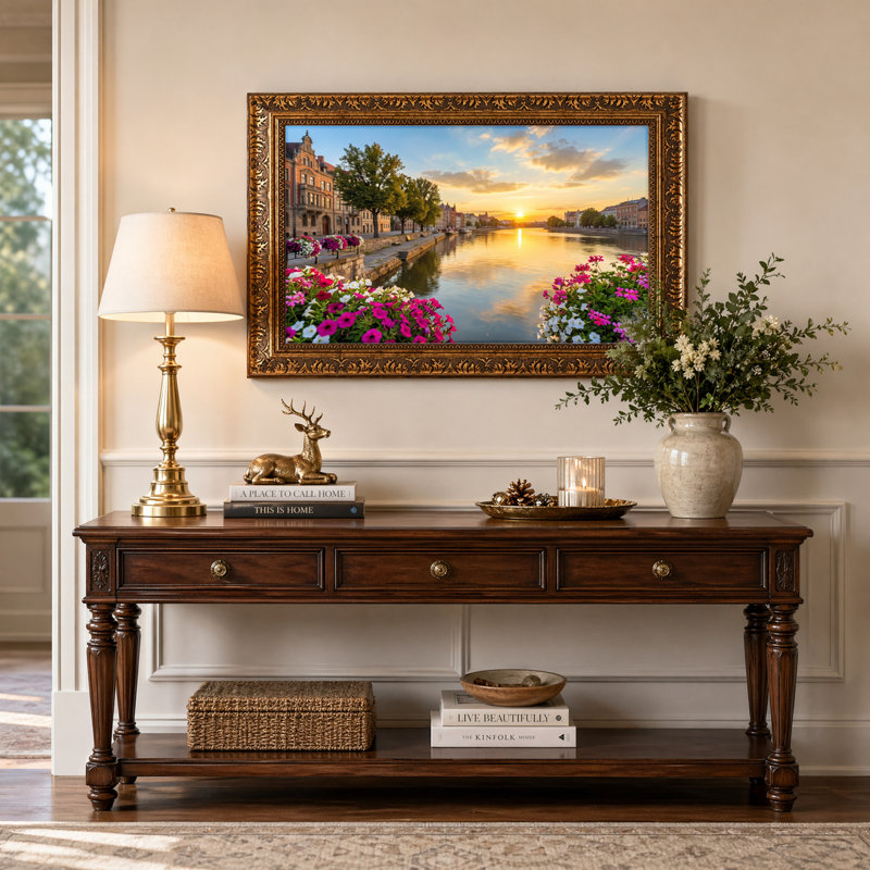 Art mural en toile noyer doré encadré pour salon, chambre à coucher, bureau ou vestibule - décoration murale décorative avec canal coucher de soleil