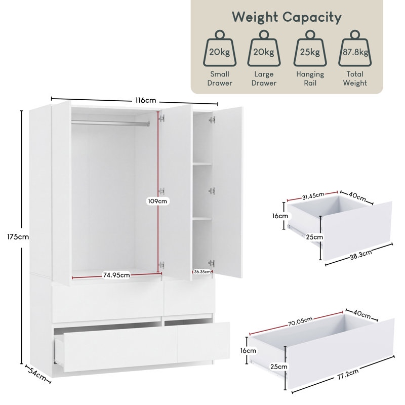 3 Door 4 Drawer Wardrobe Spacious Bedroom Storage with Hanging Rail Shelves and Modern Design