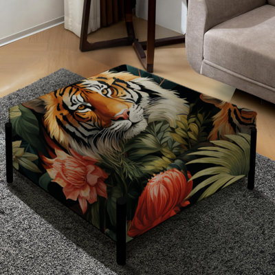 Deville Rossini Lion Jungle Retreat en noir et vert - grand repose-pieds carré imprimé animal