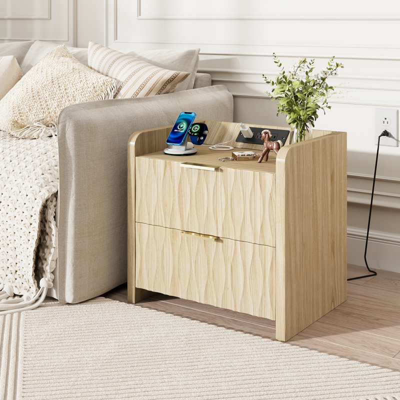  Nightstand Set Of 2, Storage End Table With 2 Drawer Unit, Charging Bedside Table For Bedroom And Living Room, Light Walnut