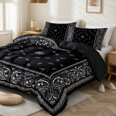 Literie 3 pièces Black Bandana, taille Queen, housse de couette en microfibre douce avec taies d'oreiller, idéale pour la décoration de votre chambre.