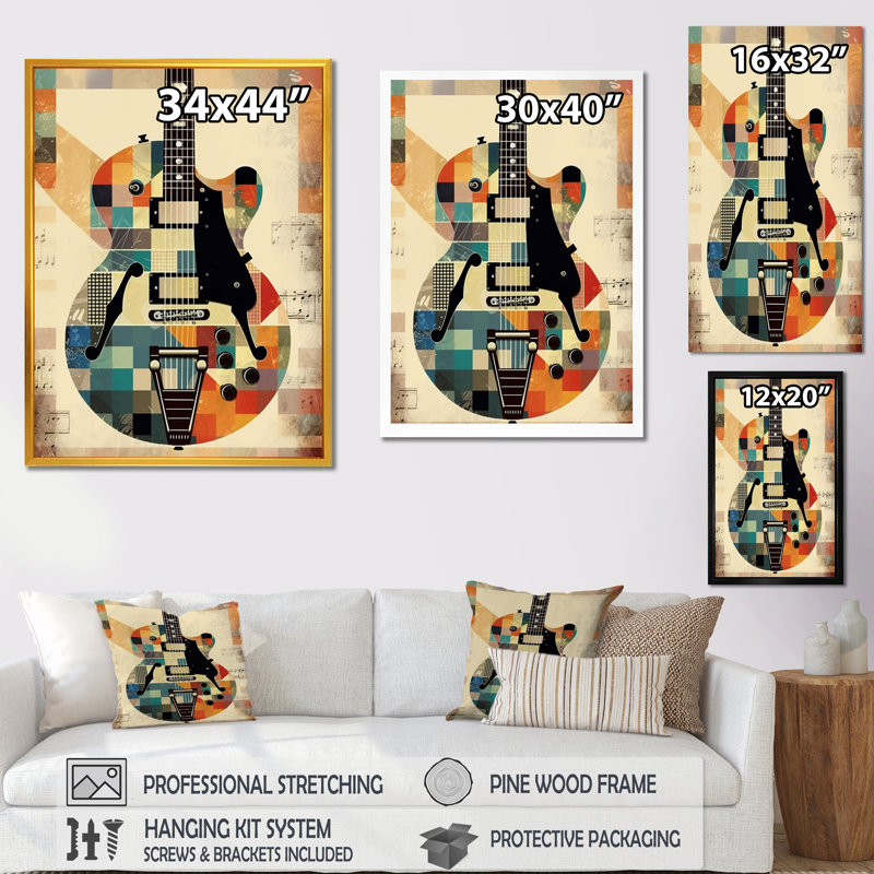 Cubisme de guitare - musique, art mural pour le salon, H 20 po x l 12 po x P 1 po, Cadre flottant noir