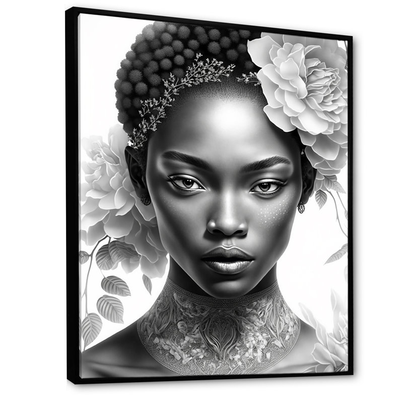 Elika, princesse africaine monochrome avec fleur blanche sur toile, H 20 po x l 12 po x P 1 po, Cadre flottant noir