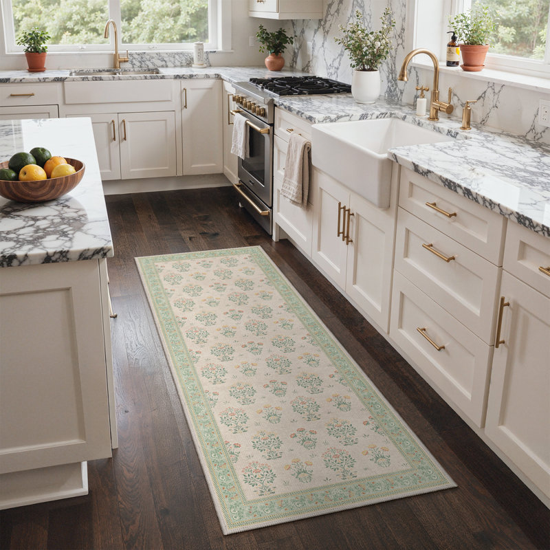 Oriental Vintage Flower Machine Washable Non-Slip Green Indoor Area Rug, Rectangle 3' x 5', Green