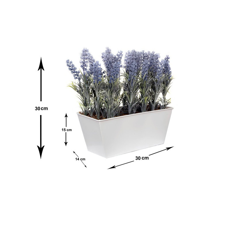 Lavender in Rustic Tin Planter (Window Box), White, 32.2cm H x 31cm W x 16.5cm D