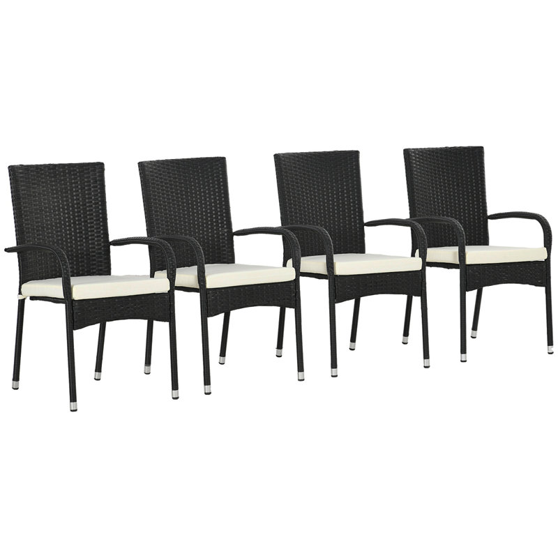 Chaises de salle à manger empilables en rotin avec coussins, ensemble de 4 chaises de patio en osier avec accoudoirs et dossier pour terrasse, terrasse