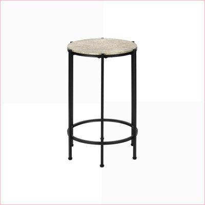 Table basse en pierre crème stratifiée avec pieds en métal noir - peu encombrante et facile à nettoyer pour le salon / la chambre à coucher