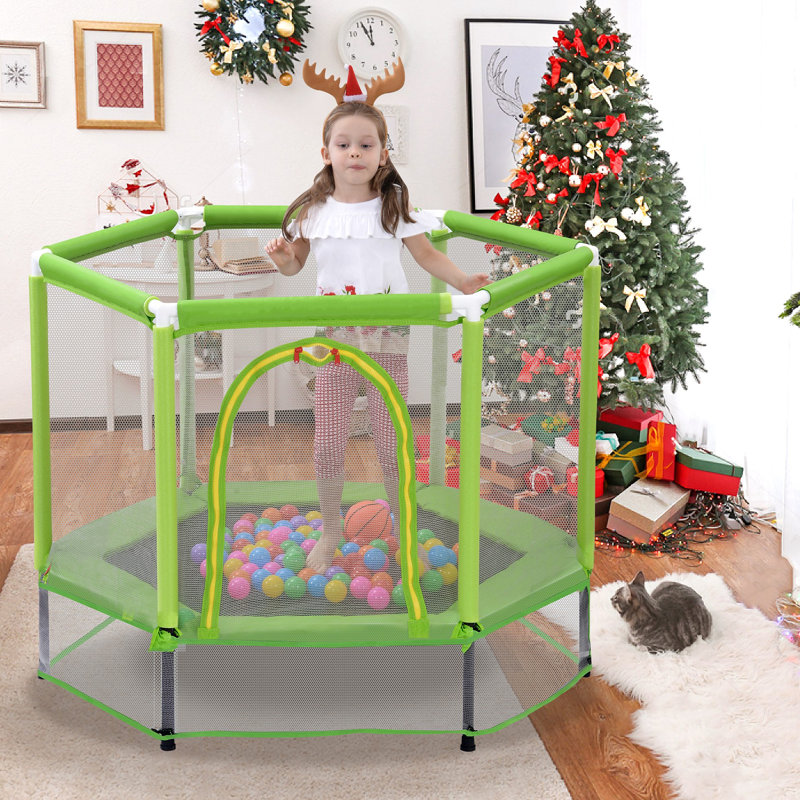 Trampoline pour tout-petits avec filet de sécurité et balles, mini trampoline intérieur / extérieur pour enfants, Vert