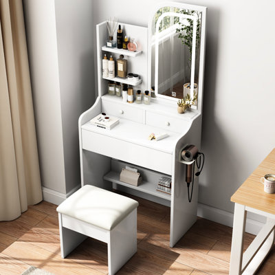 Vanity With Mirror And 3 Color Lights - White, , Spacious Storage Space Fashion Desk Lighting Selections Provided, Drawers, Quality, Large Mirror, Multiple Choices