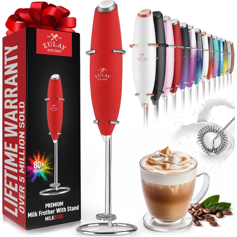 Zulay Kitchen Milk Frother with Stand Handheld Electric Whisk for Coffee Latte and Matcha Executive, Ruby Red