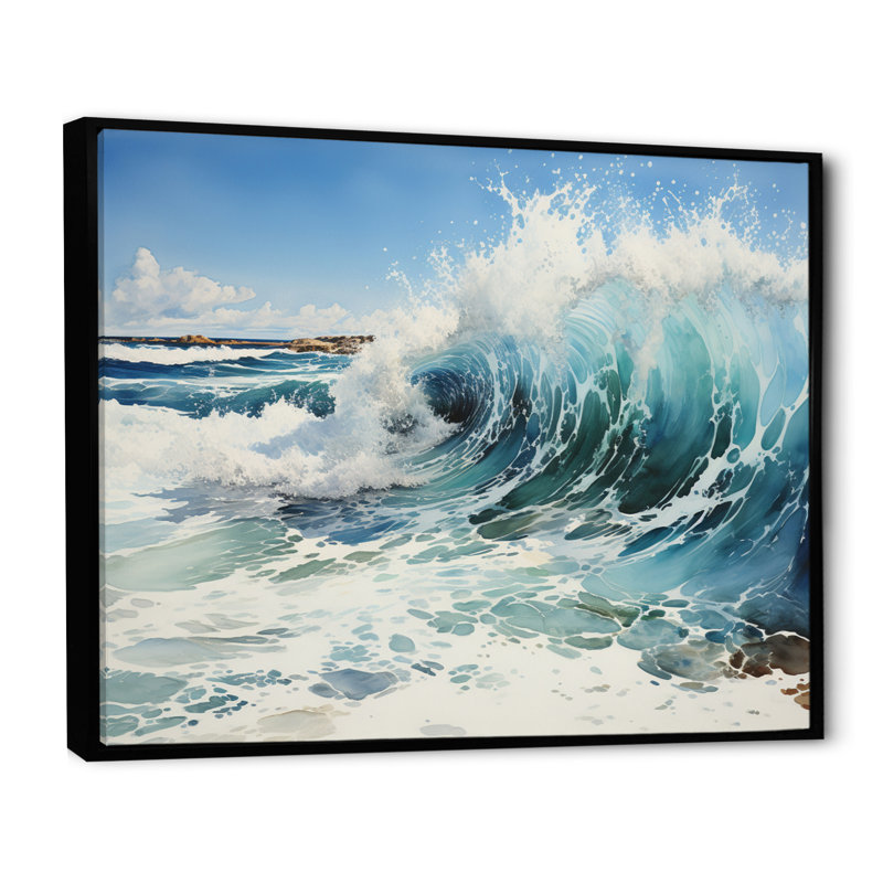 «Beach Surfs Up Pointillism I» - impressions sur toile de plage côtière, H 34 po x l 44 po x P 1,5 po, Cadre flottant noir
