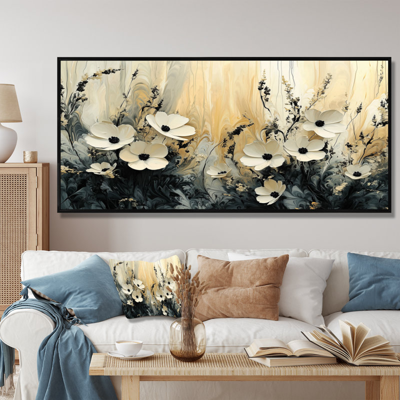 Irmaïm Mimimalisme fleur de dahlia crème - art mural Dahlia, H 28 po x l 60 po, Impression encadrée flottante