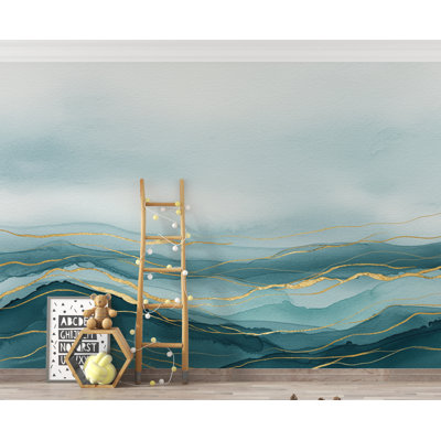 Luxury Ocean View Wallpaper Mural – Deep Teal Watercolor Waves, Gold-accented Crests, Misty Cyan & White Coastal Wall Art (Non-woven) 