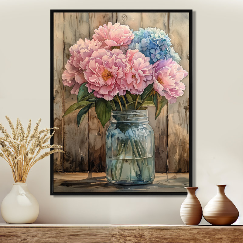Pastel pivoine bouquet à la ferme III - pivoines, art mural, Noir, Reproduction avec cadre flottant, H 20 po x l 12 po