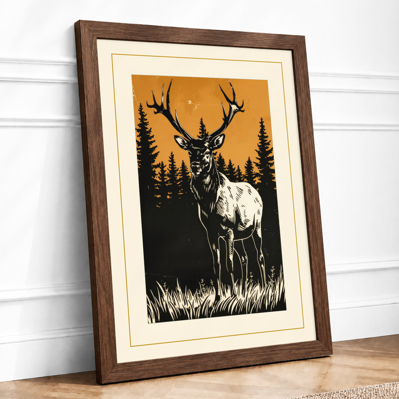 Deer in Silhouette Rustic - Framed Print, A4 - 29.7 x 21.0 cm, Walnut