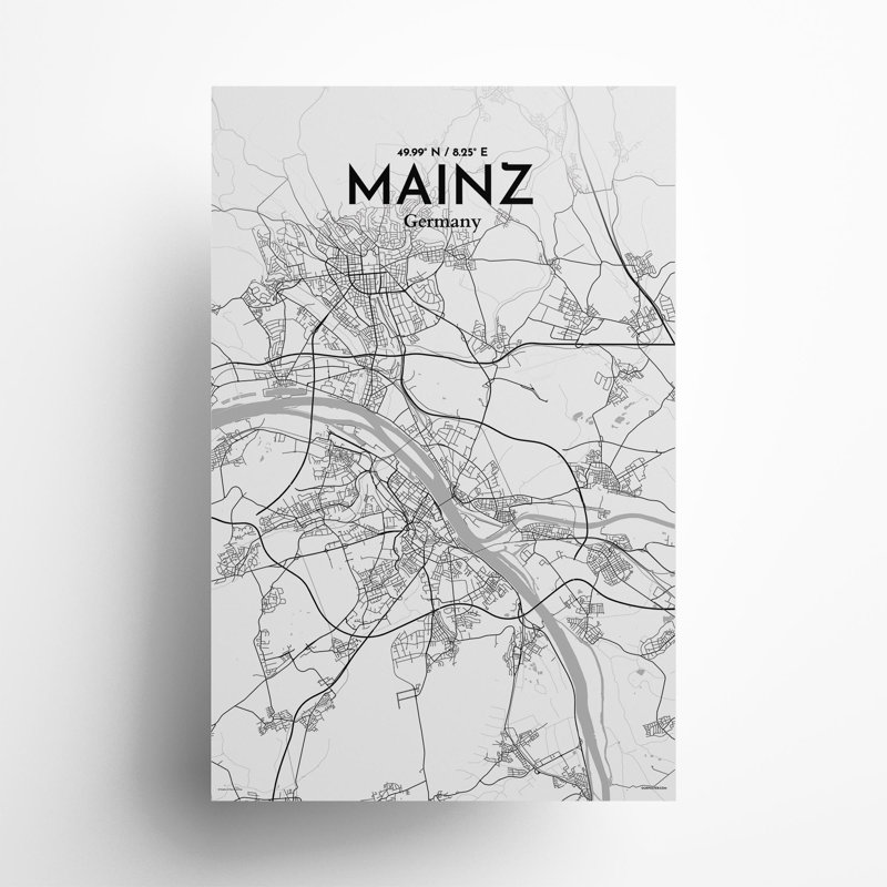 Mainz City Map In Tones - No Frame Print, 17cm H x 11cm W x 0.05cm D