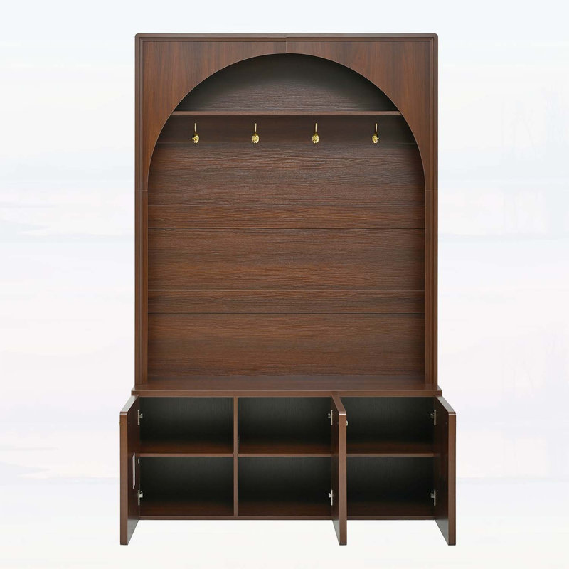 Retro Hall Tree with Adjustable Shelves,Arched Entryway Storage Bench with 3 Cabinets, Walnut